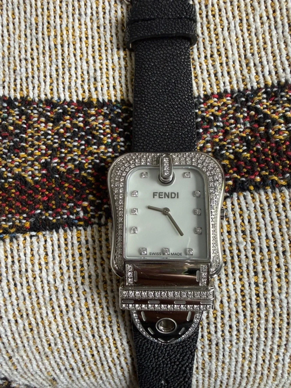 Fendi Black Diamond-Trim Mother-of-Pearl Dial Watch